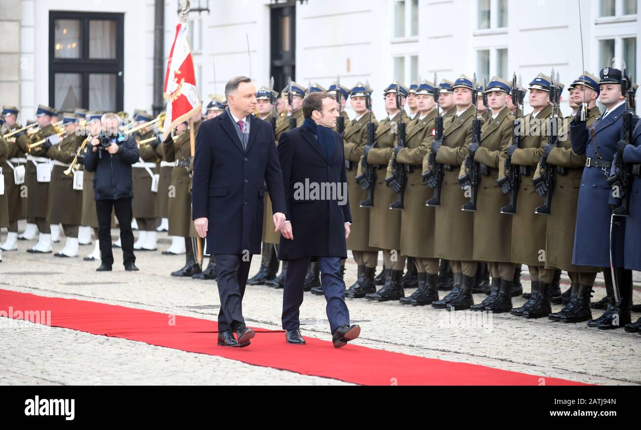 Warsaw, Poland. 3rd February, 2020. President of France Republic Emmanuel Macron visits president of Poland Andrzej Duda in Presidential Palace Stock Photo