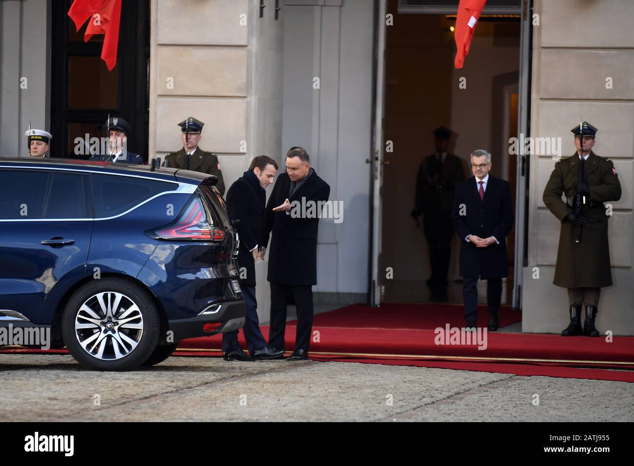 Warsaw, Poland. 3rd February, 2020. President of France Republic Emmanuel Macron visits president of Poland Andrzej Duda in Presidential Palace Stock Photo