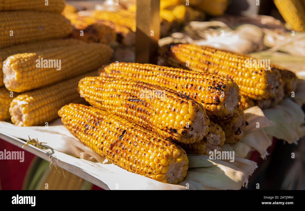 Traditional street food grilled sweet corn Stock Photo