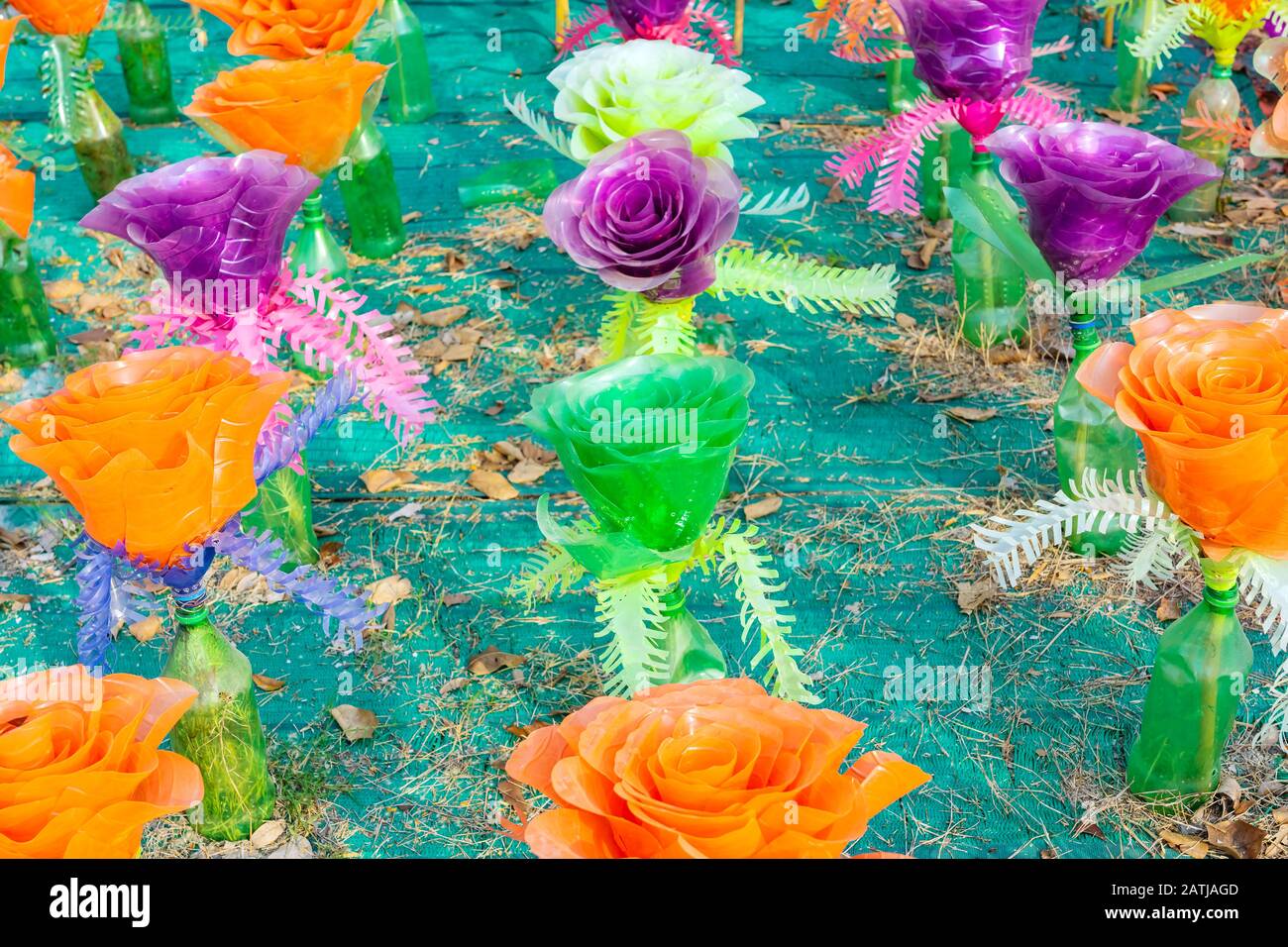 Recycled Colorful Plastic Flowers Made From Plastic Bottles To Decorate As Flowers In The Garden Plastic Bottle Recycled Stock Photo Alamy