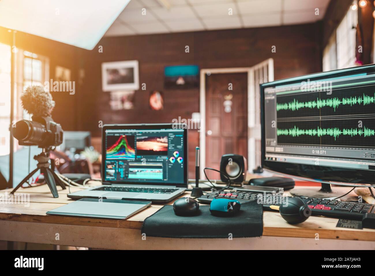 House studio desk of the content creator or Vlog sound engineer create the mixed sound video lifestyle of a freelancer and equipment the laptop camera Stock Photo