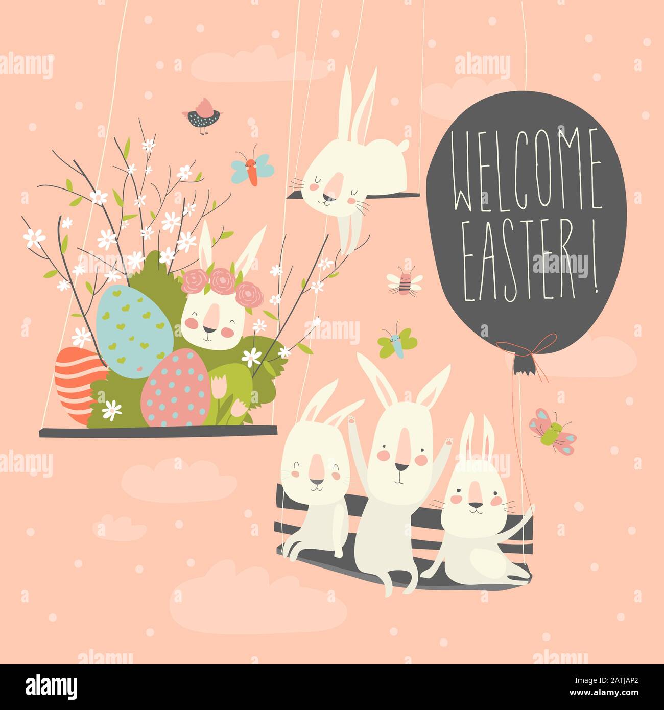 Cute cartoon bunny with Easter eggs and flowers Stock Vector Image ...