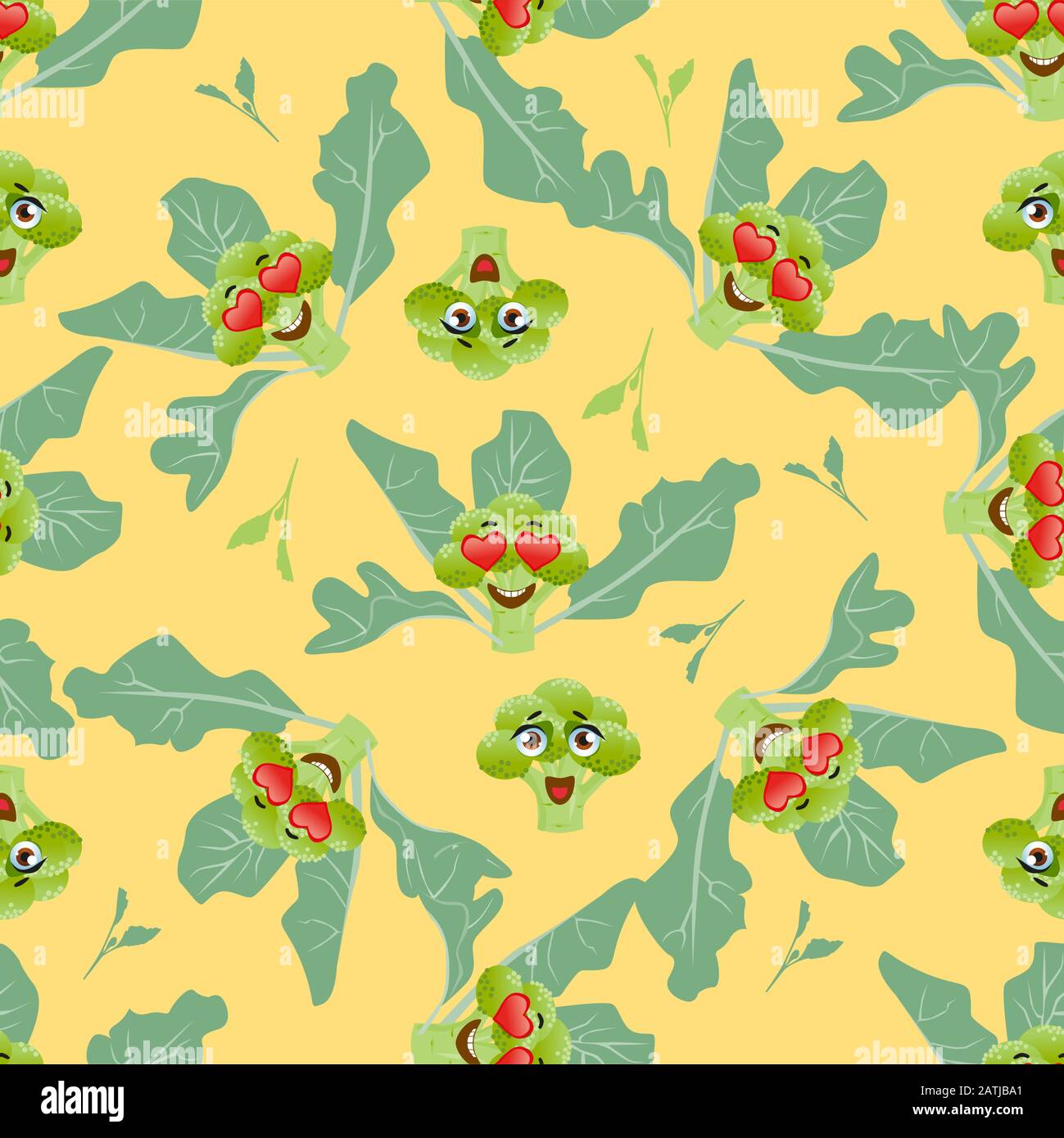 Cute seamless pattern with cartoon emoji broccoli Stock Vector