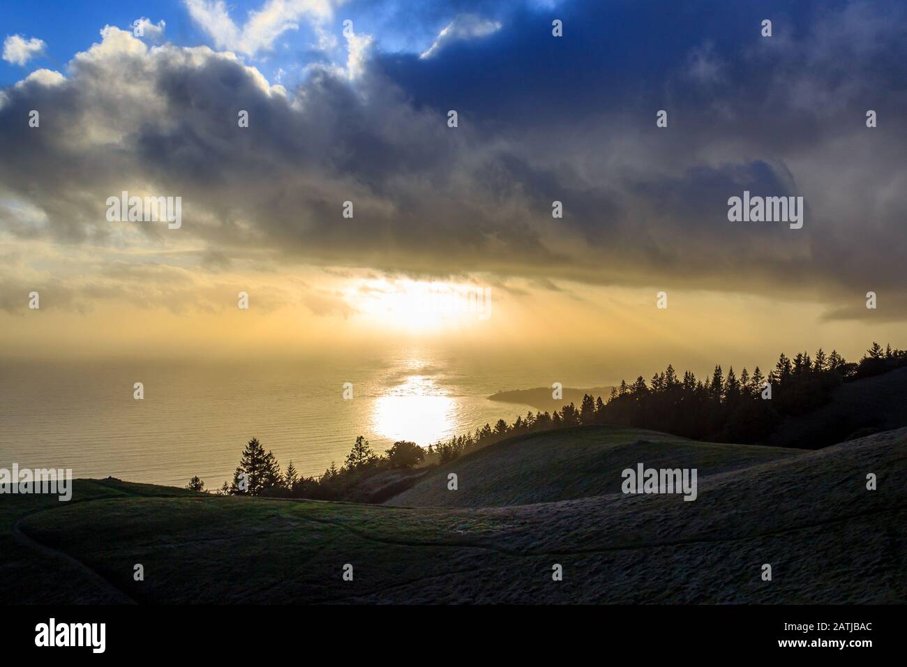 A foggy sunset on Mt Tamalpais, California, USA Stock Photo