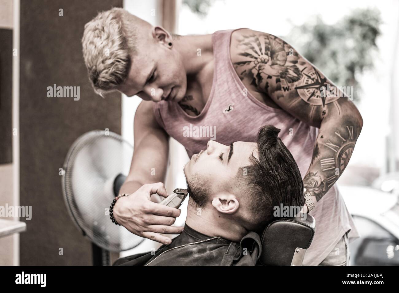 Barber trims beard in barbershop Stock Photo