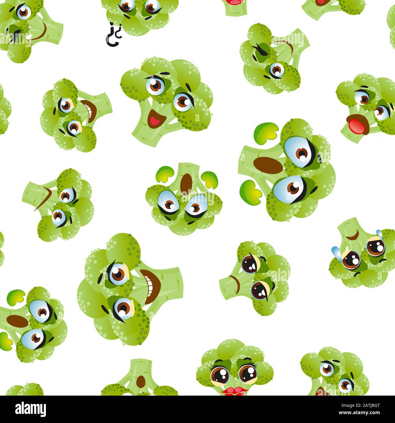 Cute seamless pattern with cartoon emoji broccoli Stock Vector