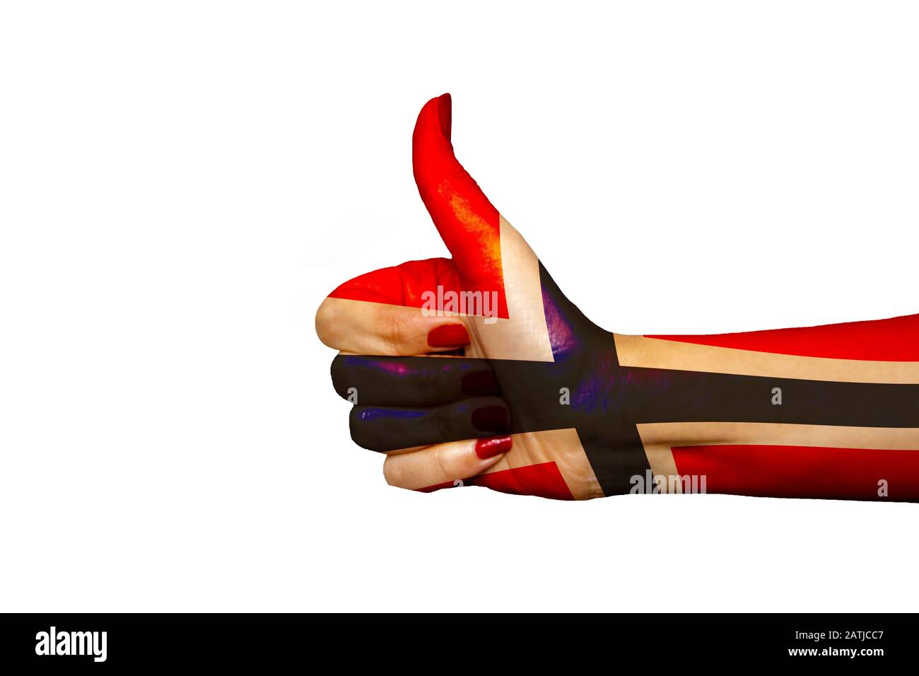 Norway flag painted on hand showing thumbs up Stock Photo