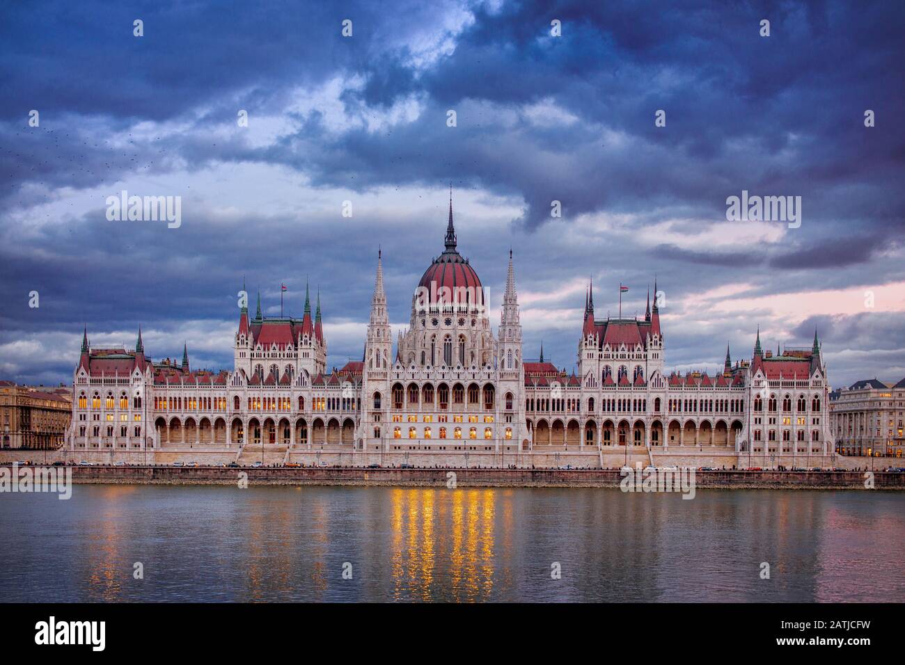 Hungarian Parliament Building with dramatic sky, Budapest, Hungary Stock Photo