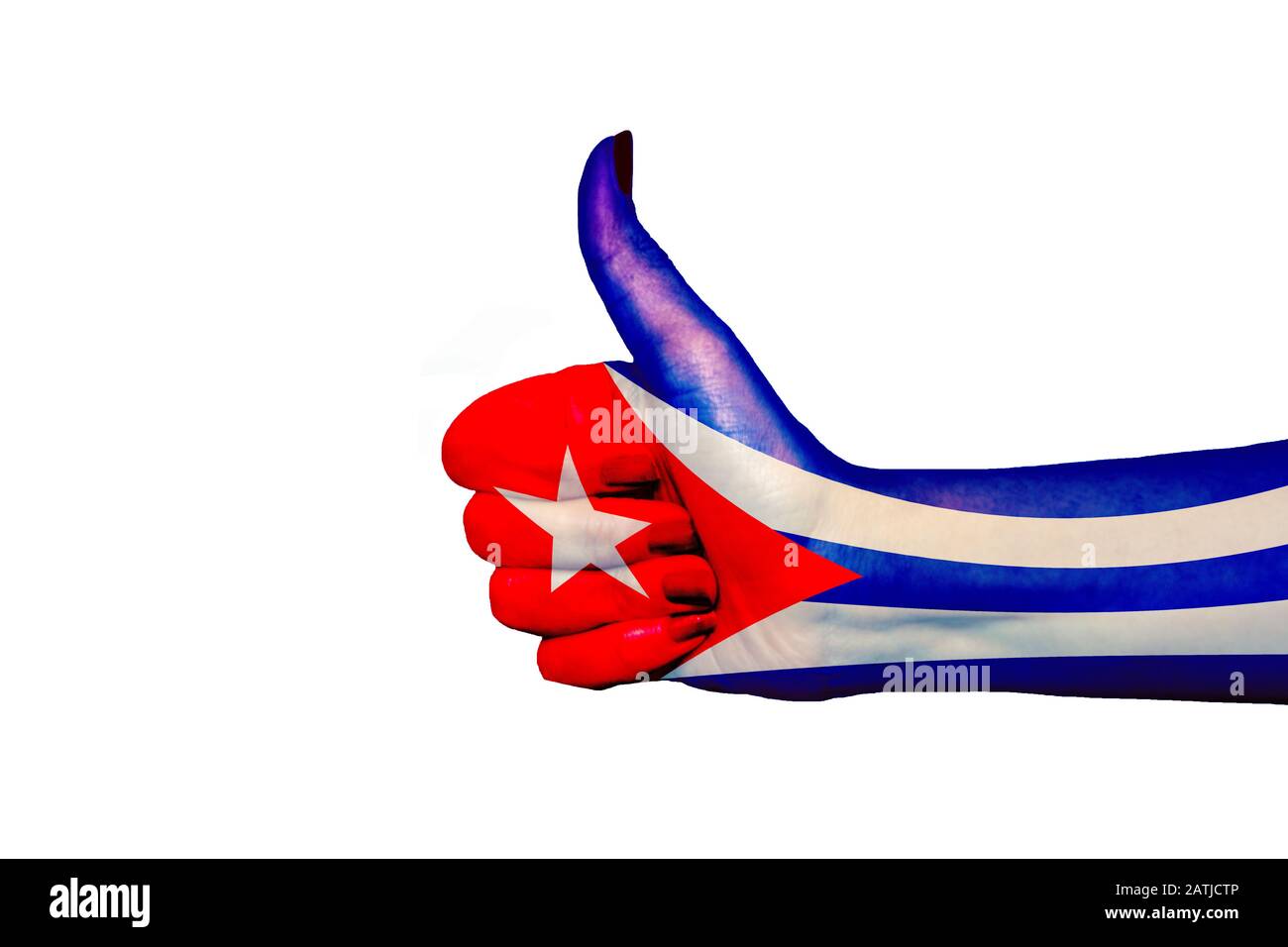 Cuba flag painted on hand showing thumbs up Stock Photo
