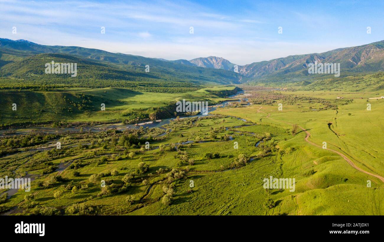 Kazakhstan Shymkent aerial view the river and mountain this is a beautiful landscape in the Sayram Ugam National Park Stock Photo