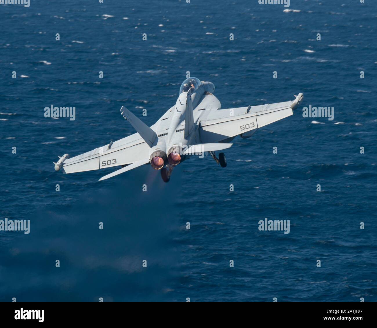 A U.S. Navy EA-18G Growler fighter aircraft, attached to Electronic Attack Squadron 137, launches from the flight deck of the aircraft carrier USS Harry S. Truman  January 28, 2020 in the Arabian Sea. Stock Photo