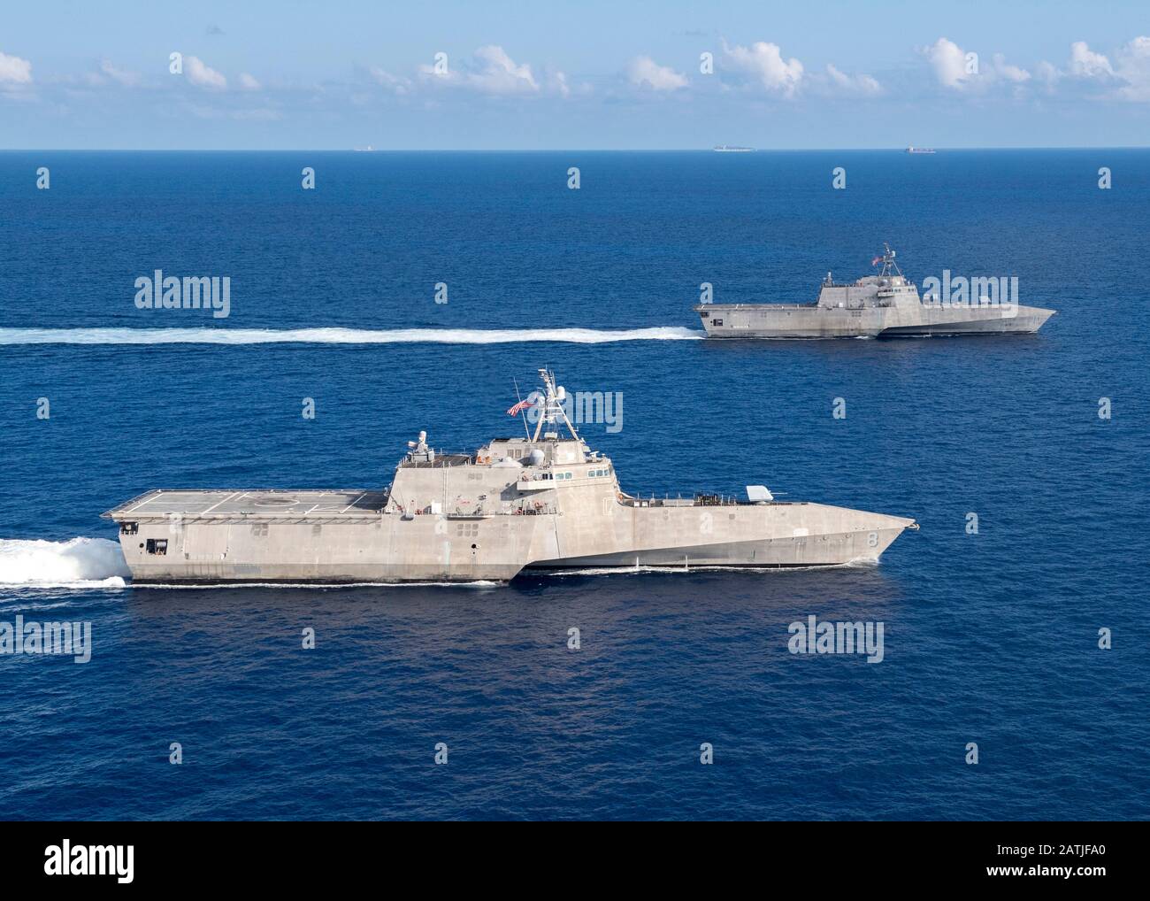 The U.S. Navy Independence-variant littoral combat ships USS Montgomery, right, and the USS Gabrielle Giffords underway during operations January 28, 2020 in the South China Sea. Stock Photo