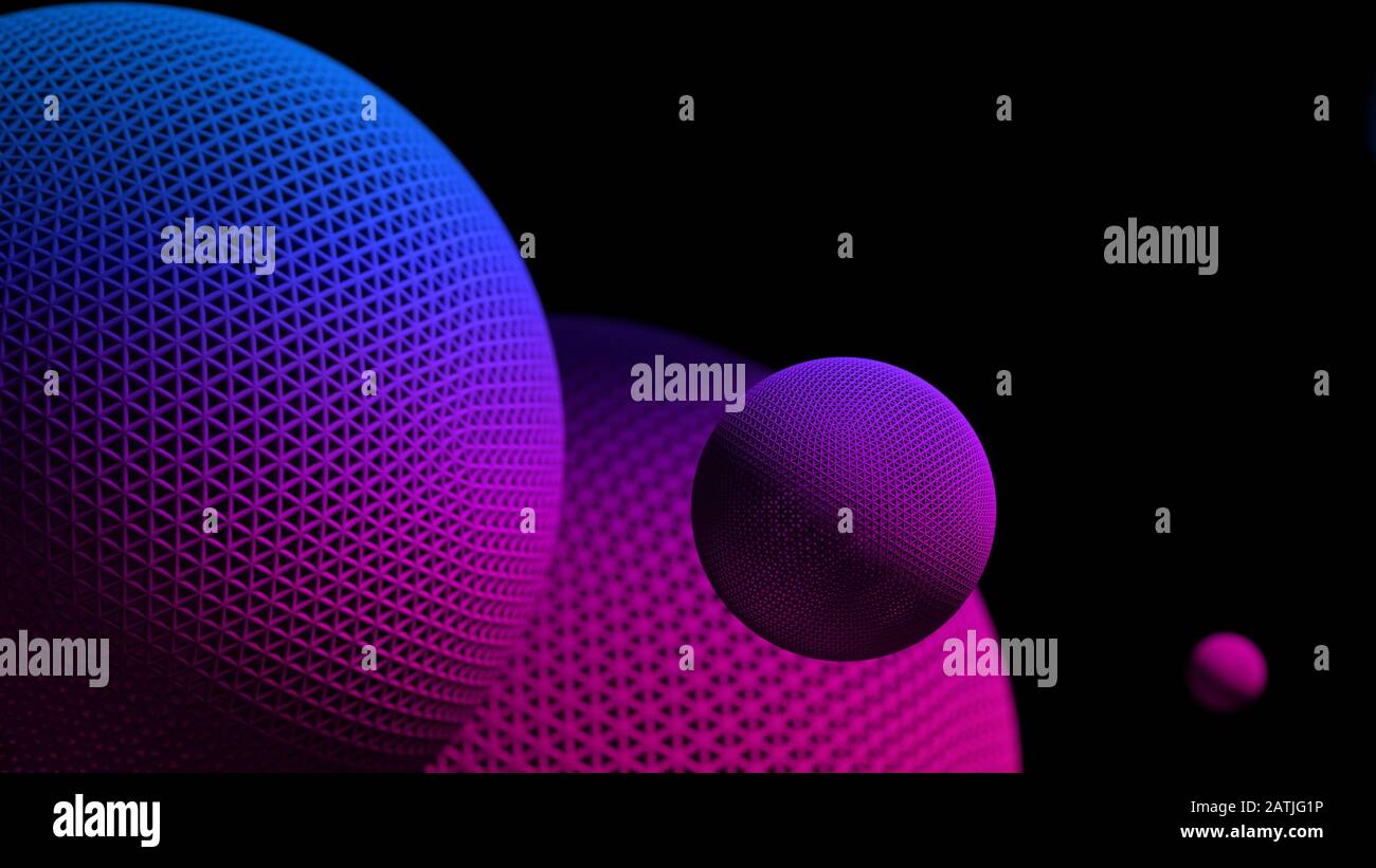 3d illustration closeup of blue magenta gradient floating abstract geometric spheres with detailed triangle geometry technology background Stock Photo