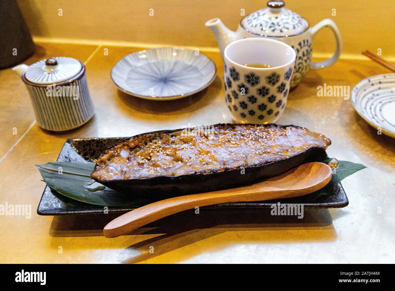 Miso aubergine at Uchi Hackney, London, UK Stock Photo