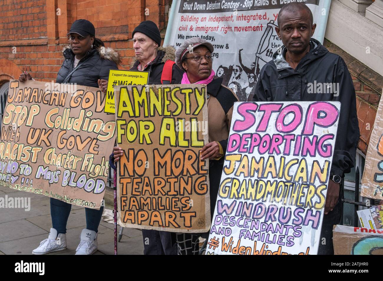 London, UK. 3rd February 2020. Movement for Justice lead a protest outside the Jamaican High Commission demanding Jamaica end accepting Britain's racist deportation flights. They say these are a modern equivalent of slave ships, with deportees manacled between guards for the flight. Those seized include many from Windrush families who have lived here most of their lives but are unable to produce the exhaustive paperwork demanded and seldom have the chance to properly contest their case. Peter Marshall/Alamy Live News Stock Photo