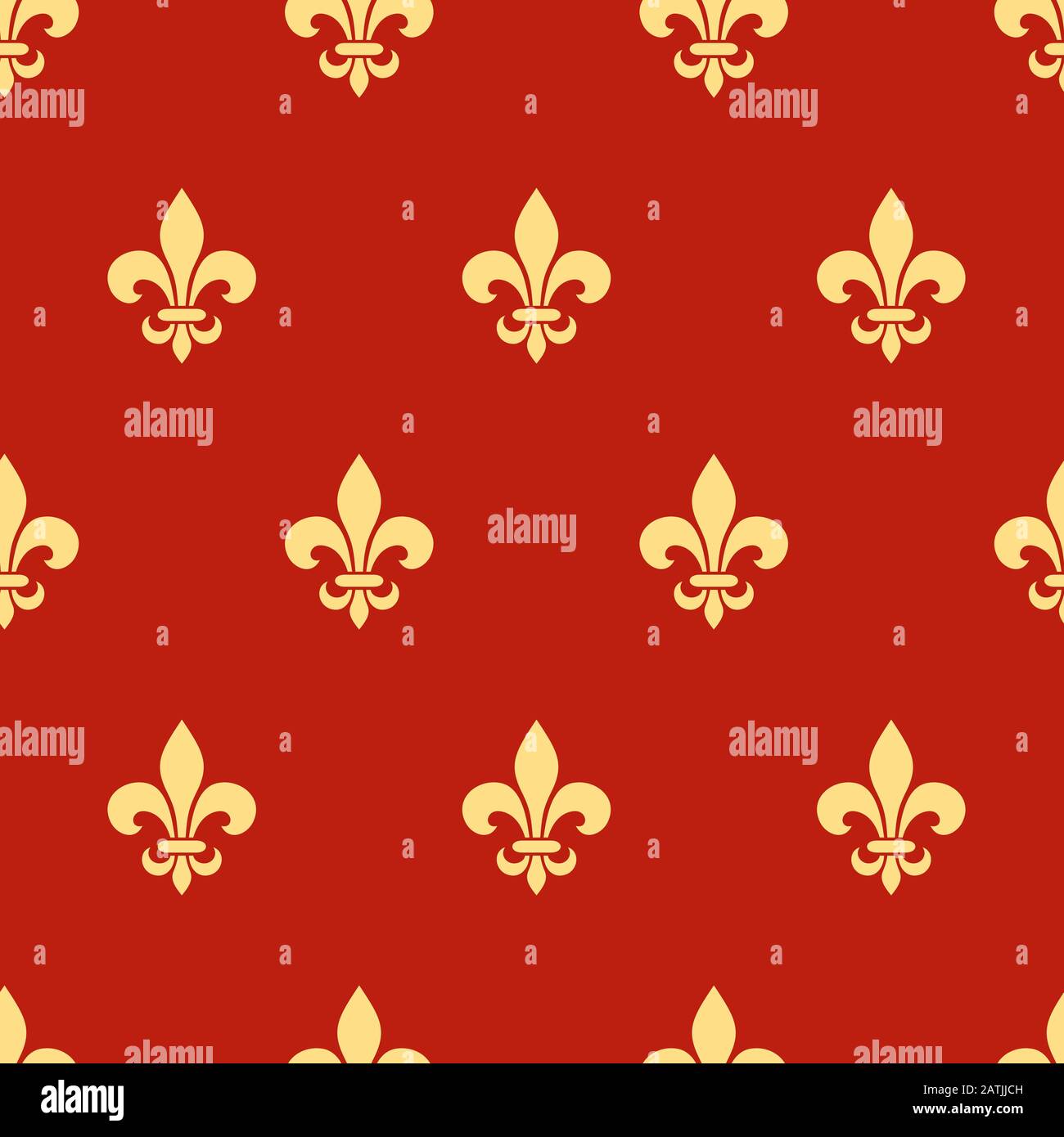 Vector seamless pattern with gold fleur-de-lis symbols on red. Stock Vector