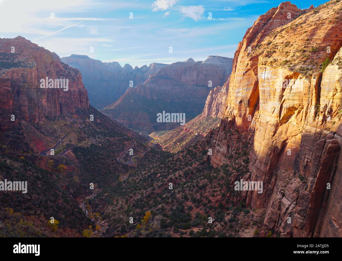 The gorgeous Zion canyon that holds the winding road up to Zion's Famous Zion-Mount Carmel Tunnel. Stock Photo
