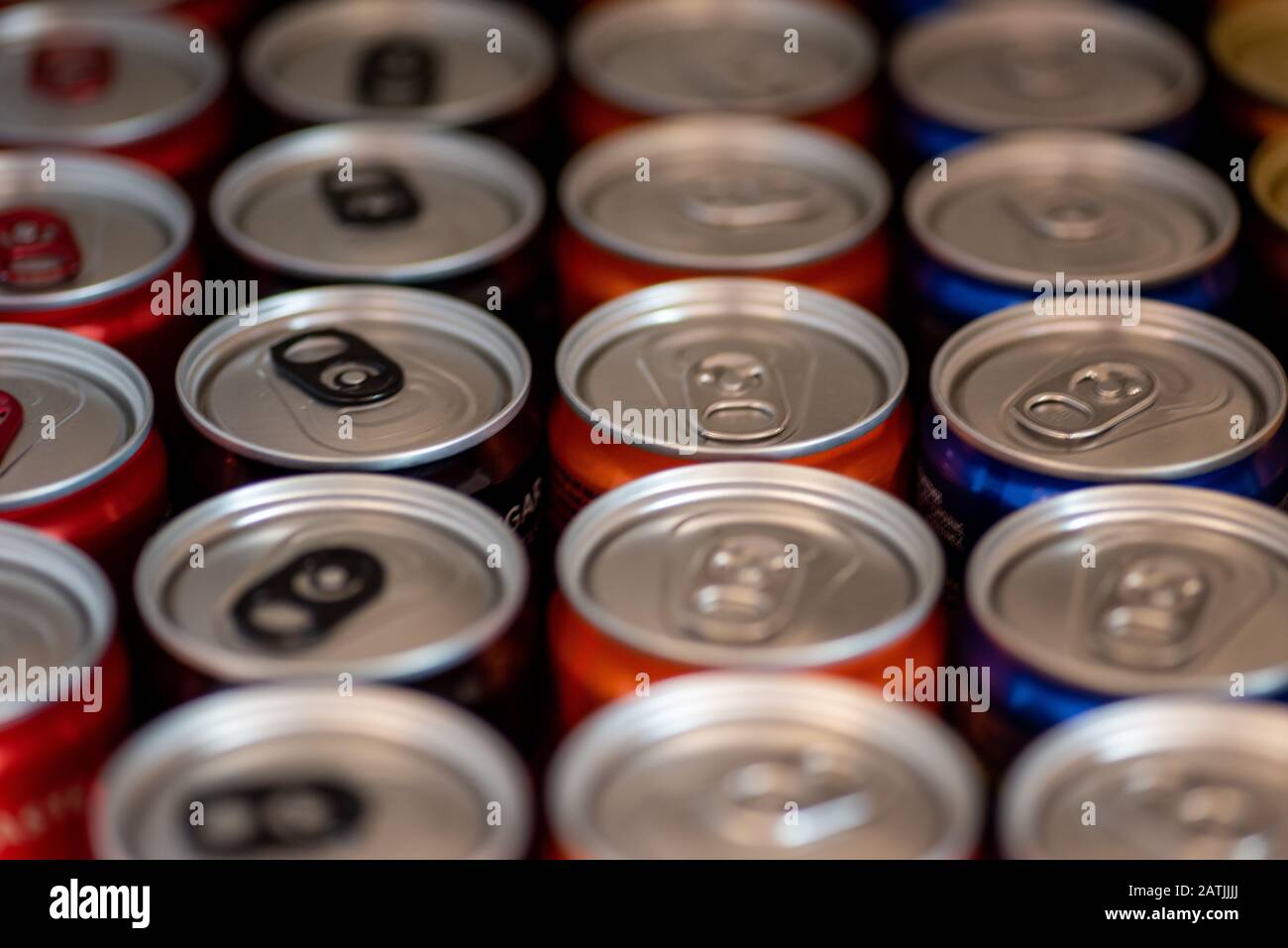 Softdrink cans shot closely together Stock Photo