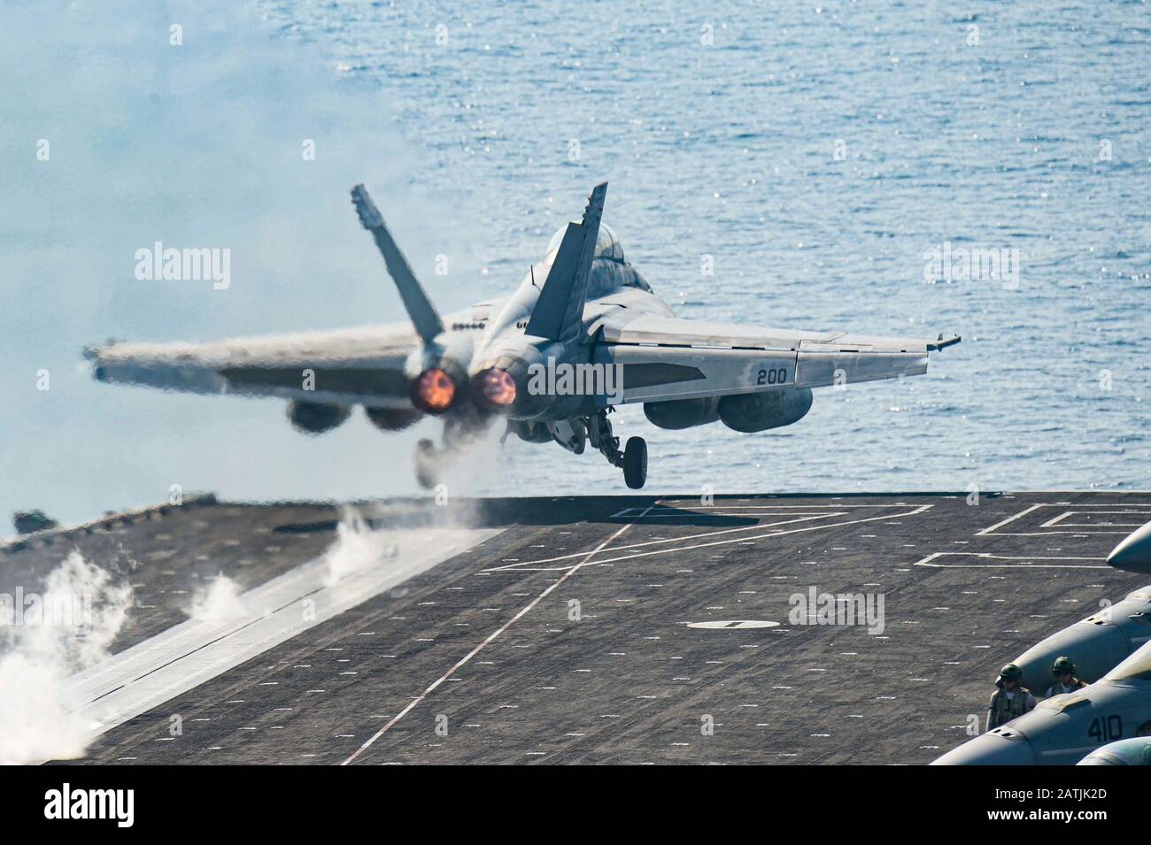 A U.S. Navy F/A-18F Super Hornet fighter aircraft attached to Strike Fighter Squadron 211, takes off from the flight deck of the aircraft carrier USS Harry S. Truman following a routine patrol January 9, 2020 in the Arabian Sea. Stock Photo