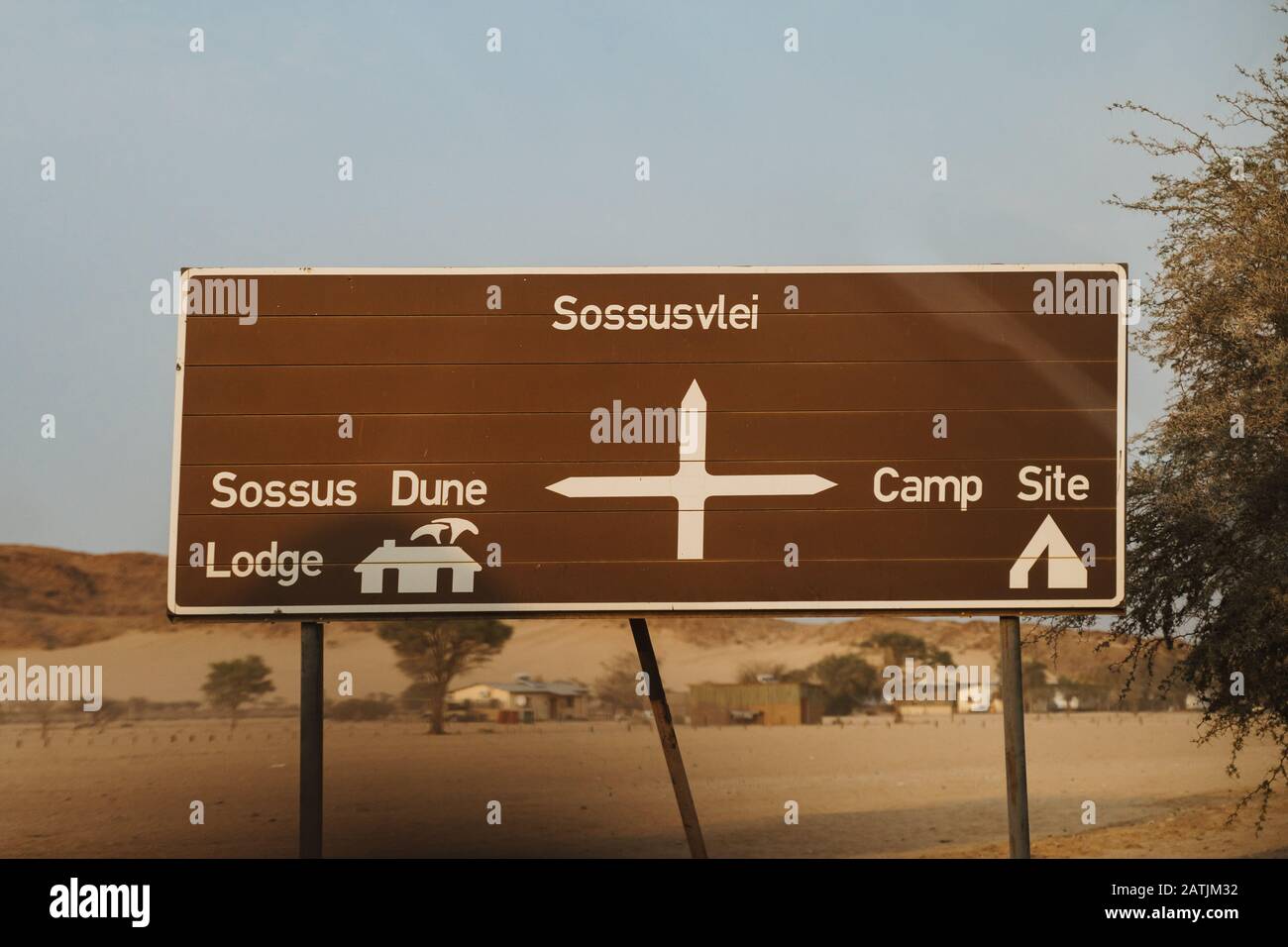 Sign with Deadvlei and sossus dune lodge in Namib Desert, Sossusvlei, Namibia Stock Photo