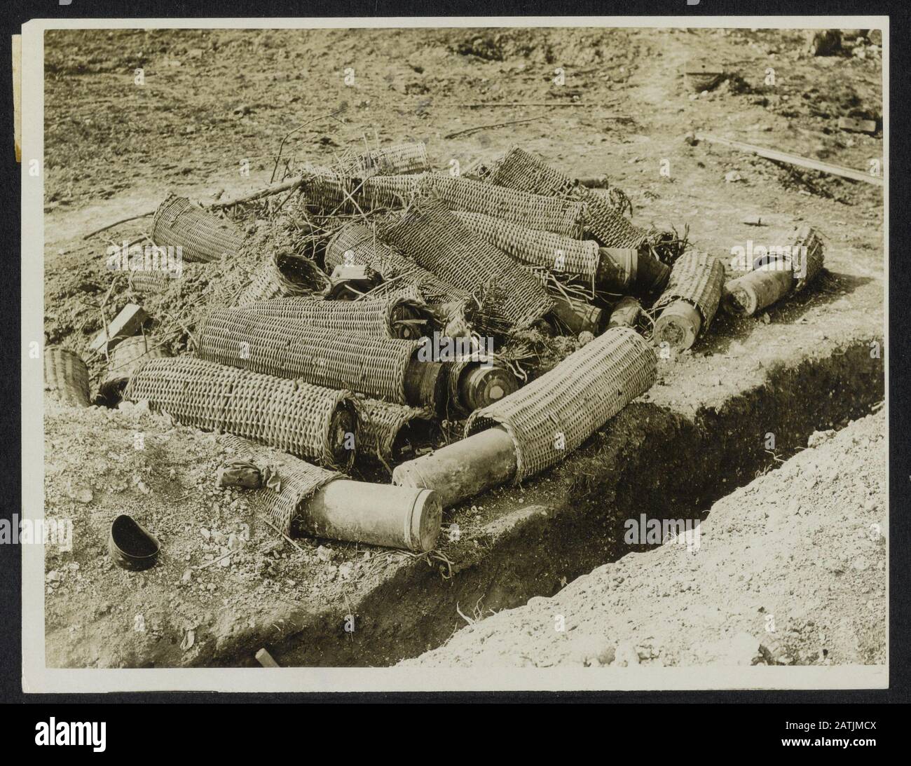 The Western Front Description: Some of the large ammunition left When the Huns had to clear out of Morval Annotation: The Western Front. The Germans left behind heavy ammunition at their forced flight from Morval Date: {1914-1918} Location: France, Morval Keywords: WWI, fronts, ammunition Stock Photo