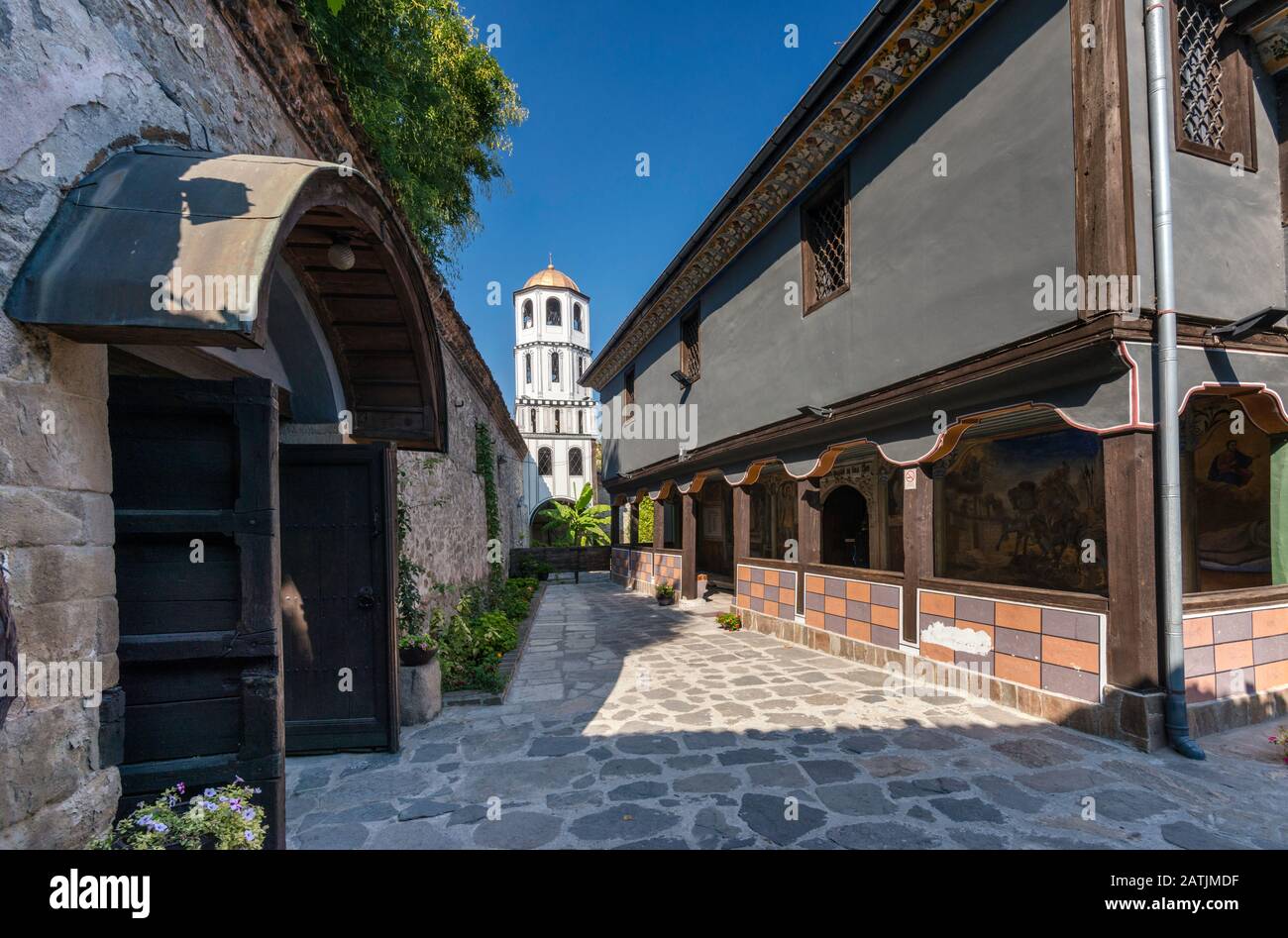 Saborna Street in Old Town, Church of S S Konstantin and Elena in distance, in Plovdiv, Bulgaria Stock Photo