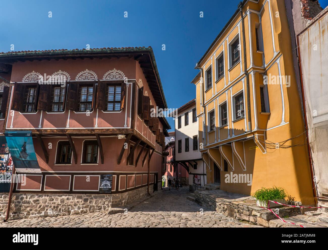 Historic buildings in Bulgarian National Revival style, Balabanov House Museum on left, in Plovdiv, Bulgaria Stock Photo