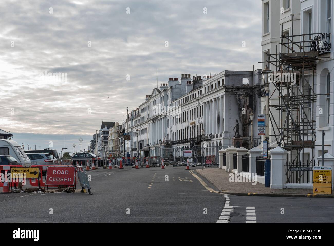 The Grand Parade including the facade of the fire damaged Claremont Hotel, Eastbourne, East Sussex Stock Photo