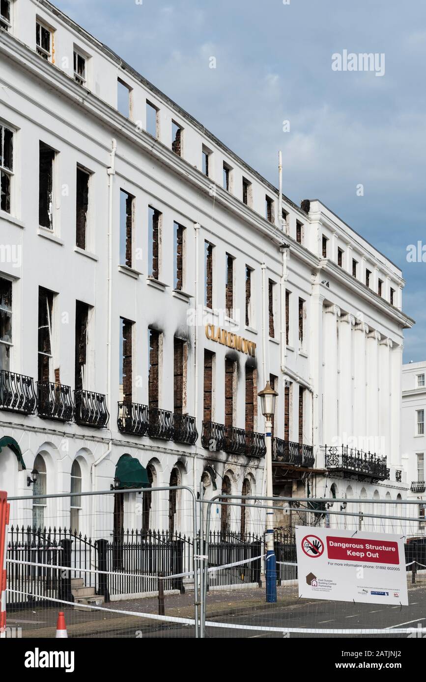 The facade of the fire damaged Claremont Hotel, Eastbourne, East Sussex