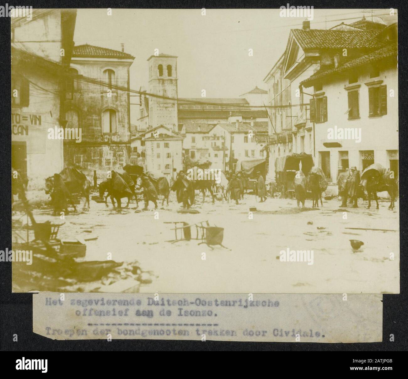 The victorious Duitsch Austrian offensive on the Isonzo Description: Troops pull the allies Cividale. Date: {1914-1918} Location: Cividale, Italy Keywords: WWI, fronts, soldiers, offensives, city Stock Photo