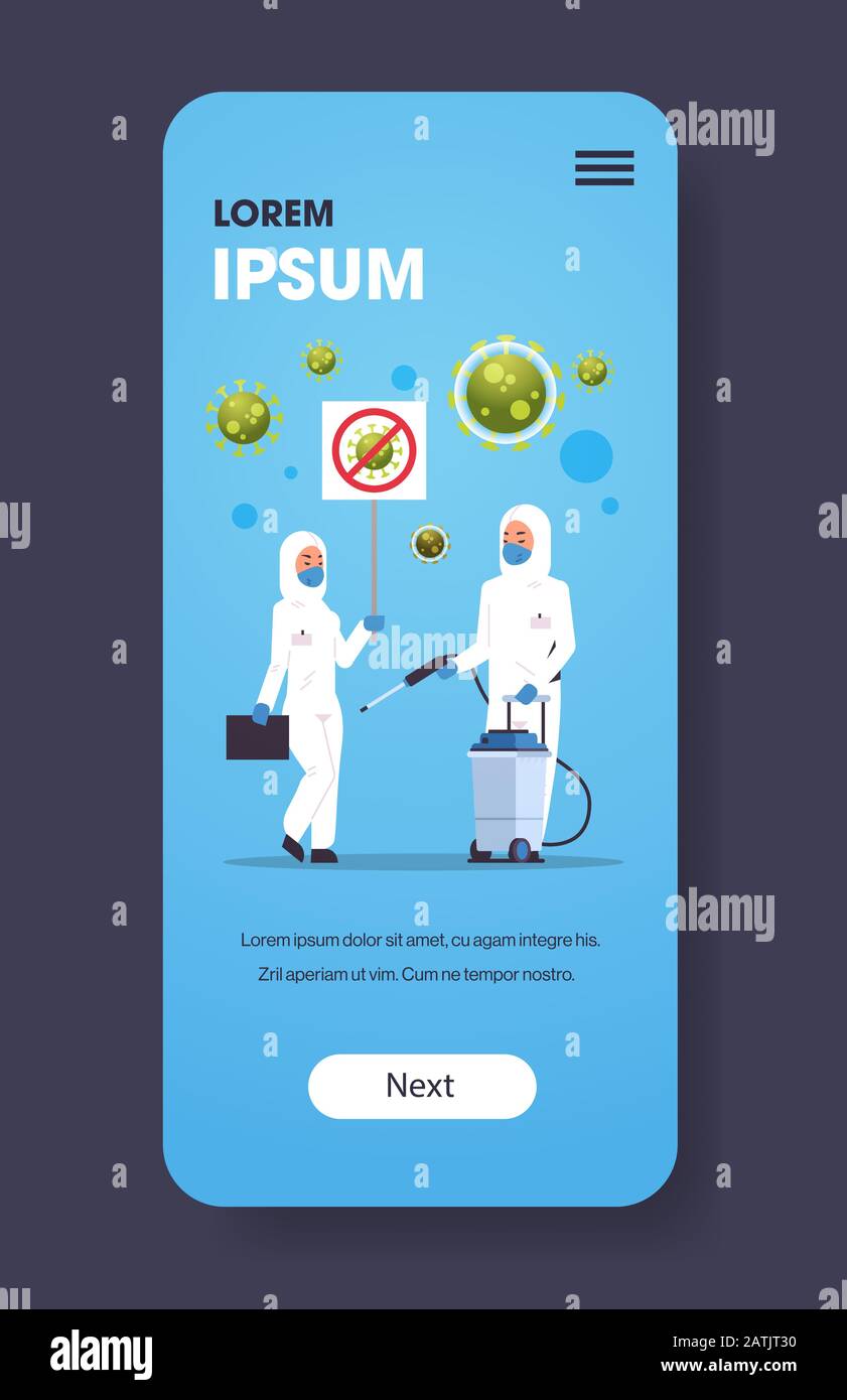 Medical Scientists In Hazmat Suits Holding Stop Coronavirus Banner