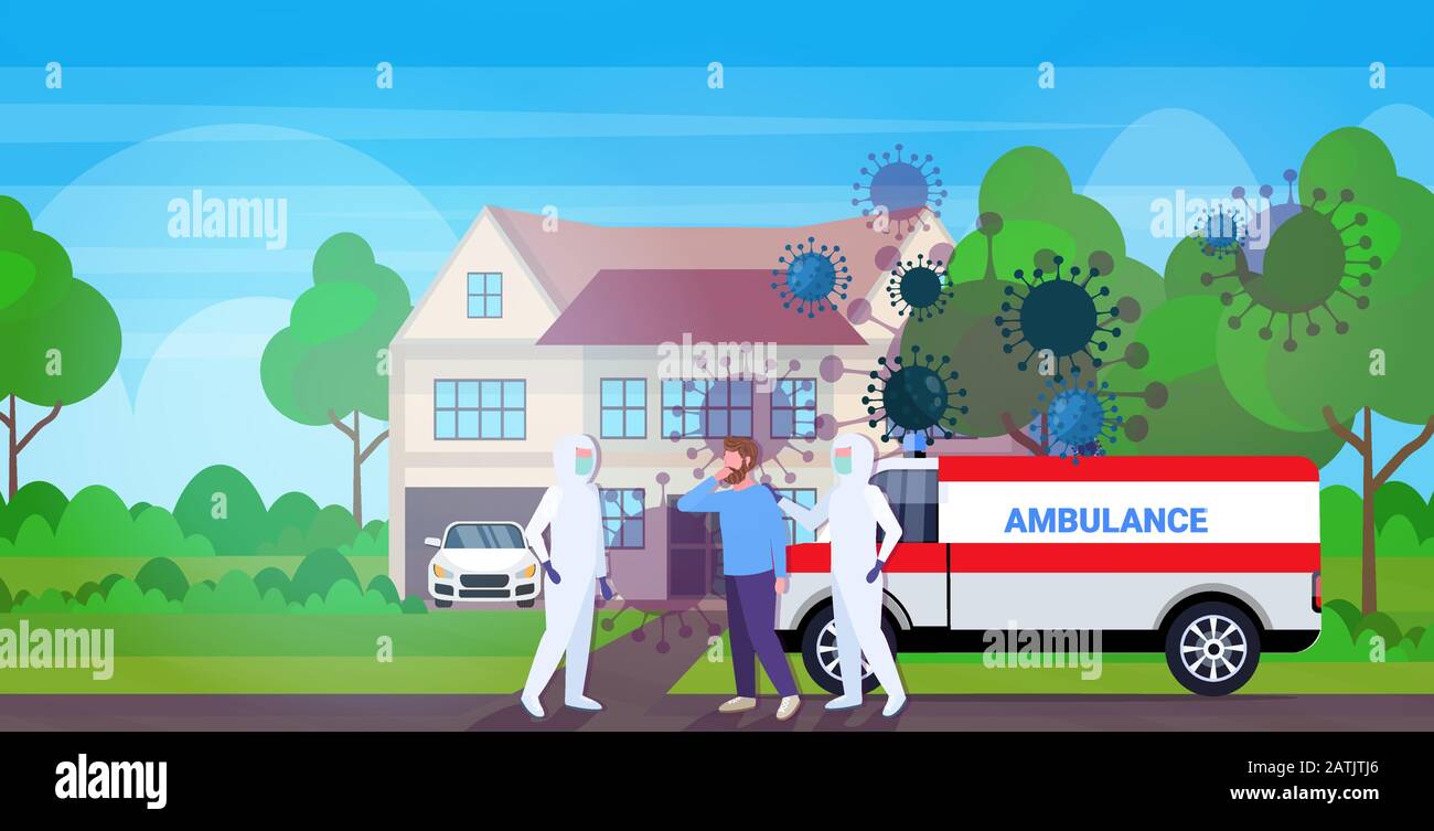 men in hazmat suits moving infected patient into ambulance car