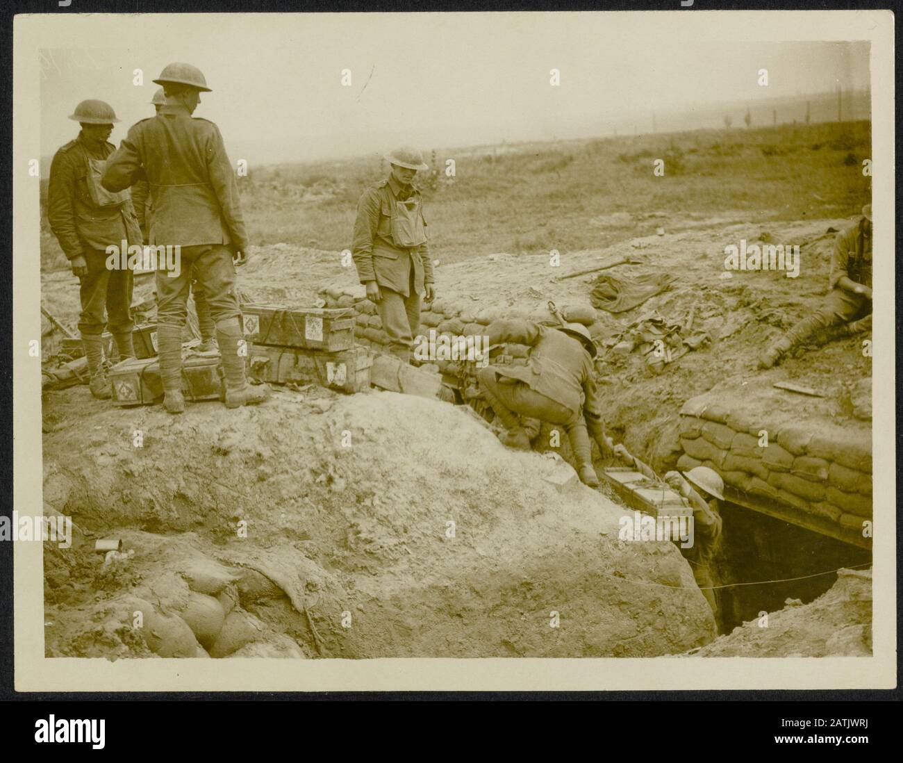 The British Western Front. Battle of Flanders Description: Bombing parties drawing bombs from a bomb store in support trenches Annotation: British Western Front. The battle of Flanders. Bombs are a warehouse to stock-trenches on beaten date: {1914-1918} Location: Belgium Keywords: bombs, World War fronts, trenches, soldiers, supplies Stock Photo