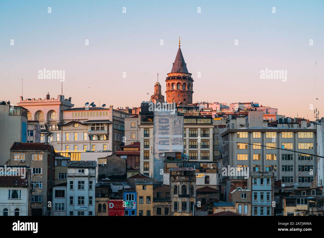 Istanbul, Turkey - Jan 10, 2020: Galata Tower during sunset , Istanbul, Turkey. Stock Photo