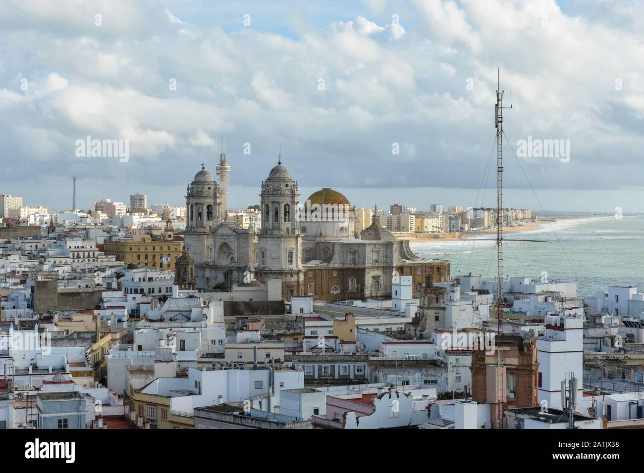 Promenade and Cathedral of Santa Cruz in Cadiz, Spain. A city in the south of Spanish Andalusia, on the shores of the Atlantic Ocean. Stock Photo
