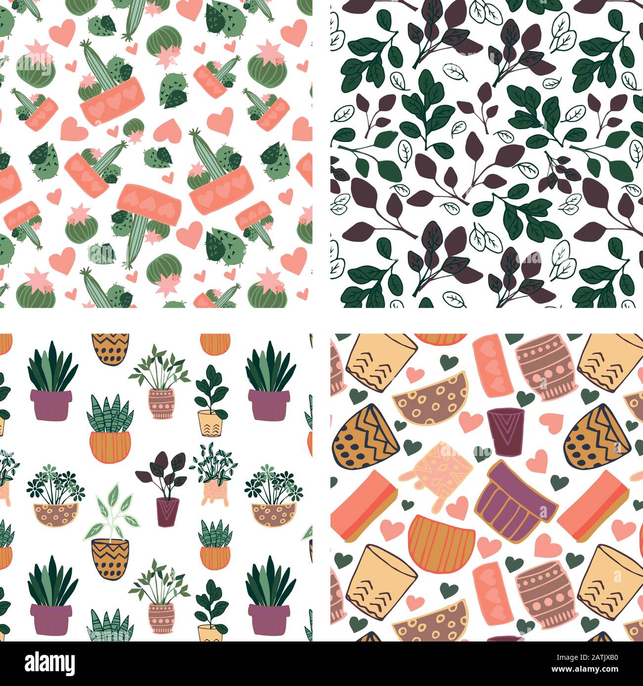 bundle of succulents, cacti and houseplants hand drawn vector seamless