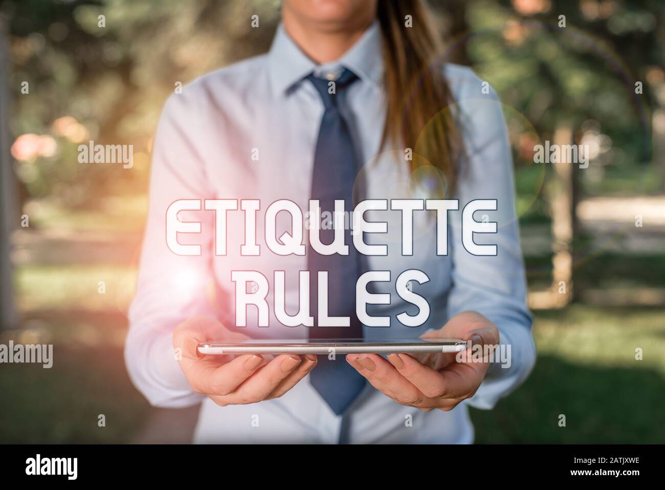 Text sign showing Etiquette Rules. Business photo showcasing customs that control accepted behaviour in social groups Business woman in shirt with a t Stock Photo