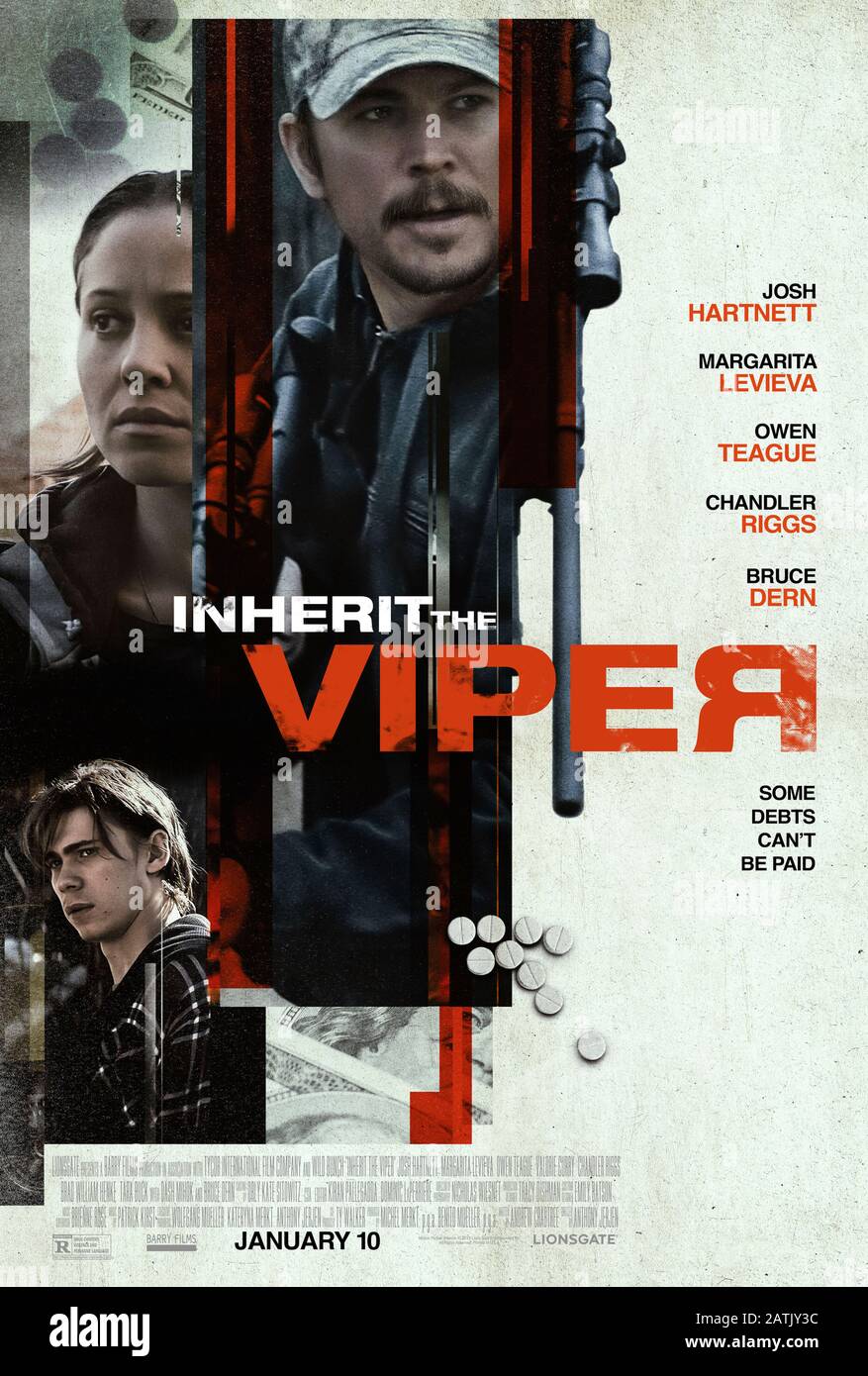 Inherit the Viper (2019) directed by Anthony Jerjen and starring Josh Hartnett, Margarita Levieva and Bruce Dern. Gritty thriller about 3 opiod dealers in Appalachia caught in a downward spiral of violence. Stock Photo