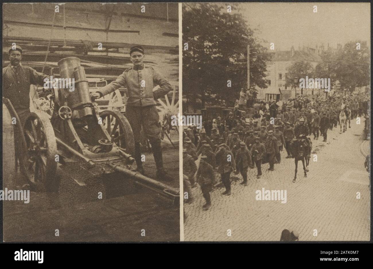 Description: A Minenwerfer captured from the Germans to Metzeral (Alsace Munster). - In Alsace captured Germans income walk by a street to St. Dié (Lorraine) and escorted by French dragoons. Annotation: French postcard with Dutch text and two photos. Date: {1914-1918} Location: Alsace, France, Saint Die Keywords: WWI, fronts, guns, prisoner of war, soldiers Stock Photo