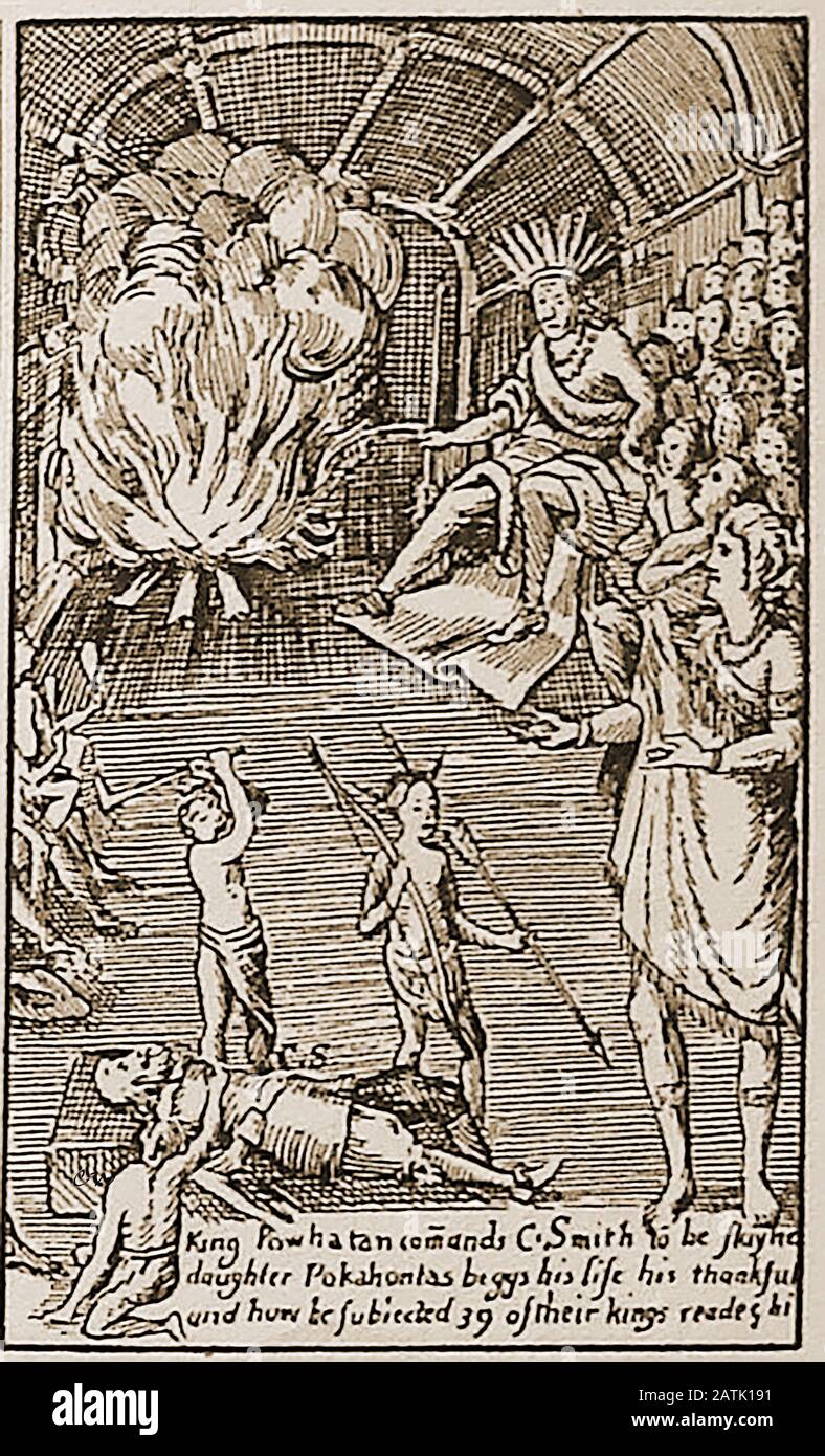 An ancient book illustration showing  Pocahontas  (born Matoaka and known as Amonute (1596 –1617)  seen  pleading for the life of John Smith (possibly a fictitious or exaggerated story. She was the daughter of Powhatan, the powerful chief of a number of  Tsenacommacah tribes. She was captured by colonialist and was baptized under the name Rebecca eventually marrying   tobacco planter John Rolfe in April 1614 at age 17. She bore him a son  Rolfe in January 1615 and returned with her husband to London, settling and dyed in Gravesend, England whilst planning to return to virginia, USA Stock Photo