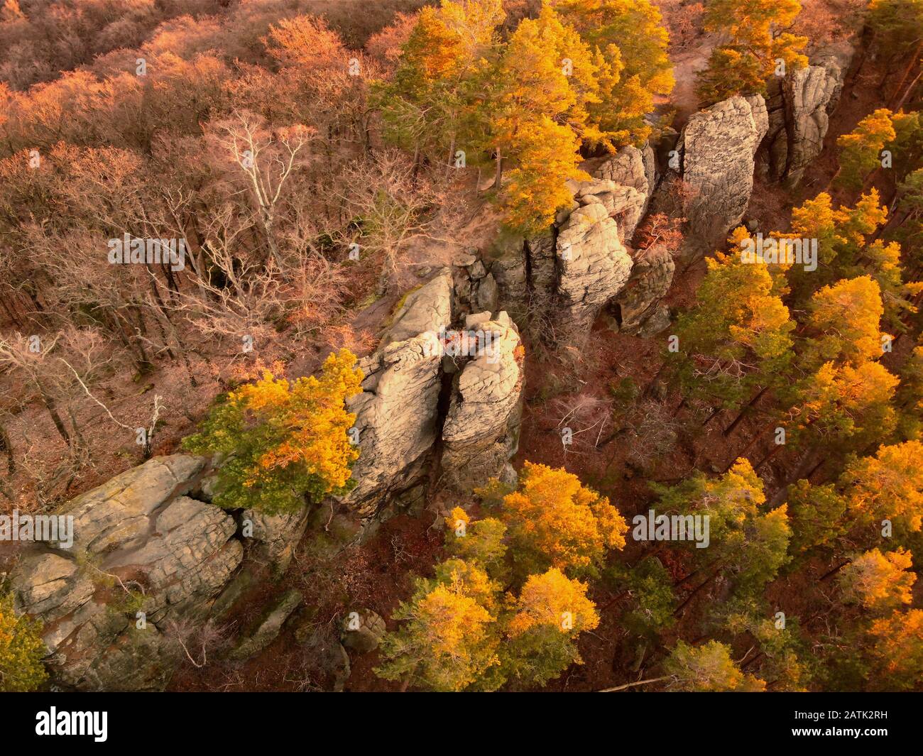 Germany Devil Rocks Aerial drone view of the rock wall of the Teufelsmauer, Devil's Wall ...