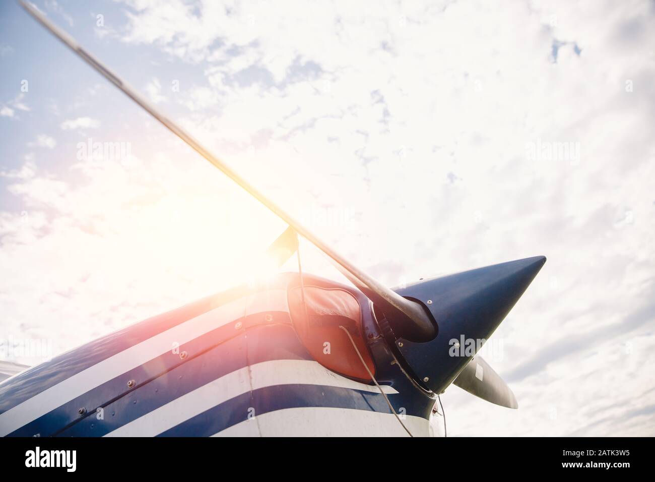 Close up airplane propeller with sun flare on sky background Stock ...