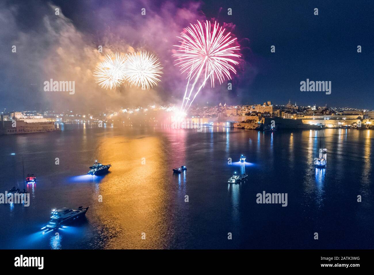 Malta Festival of fireworks in Valletta. Travel concept. Aerial photo Stock Photo