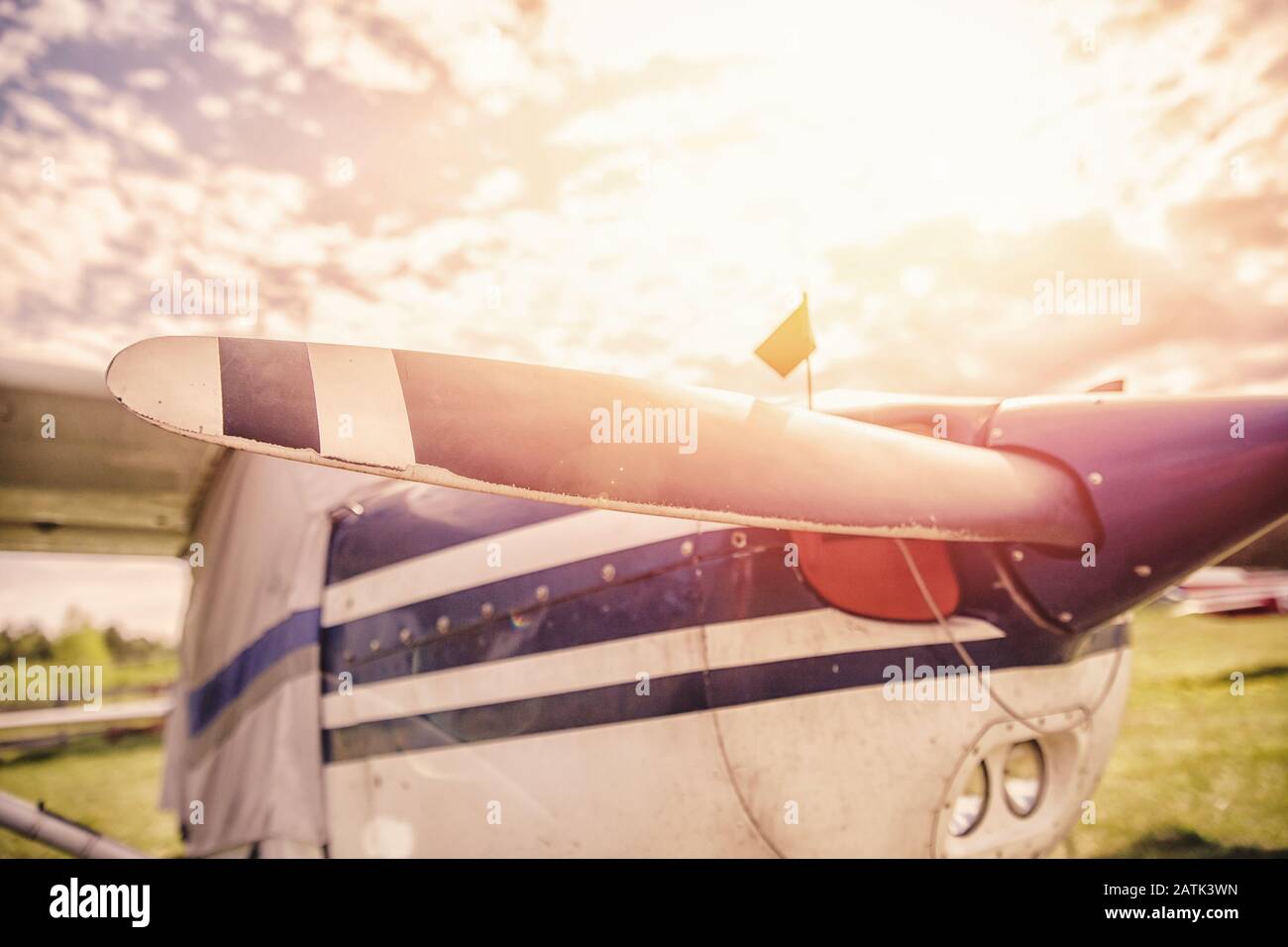 Close up airplane propeller with sun flare on sky background Stock ...