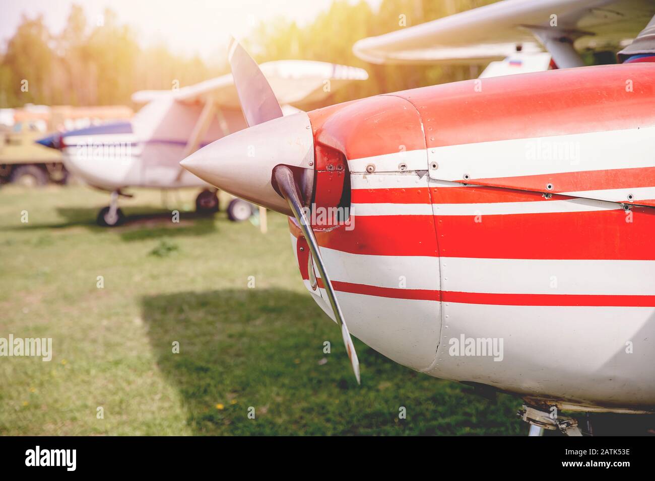 Close up airplane propeller with sun flare on sky background Stock ...