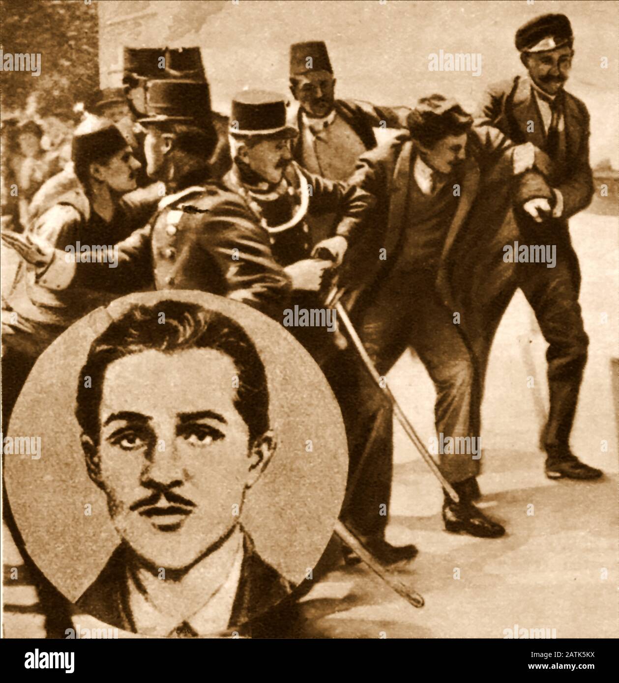 Portrait of Gavrilo Prinzip  and a photograph of his arrest for the assassination of  Archduke Ferdinand (1894-1918). He was a 19 year old Bosnian Serb who was a member of 'Young Bosnia', a movement that  sought an end to Austro-Hungarian rule in Bosnia and Herzegovina. In Sarajevo on 28 June 1914 he assassinated Archduke Franz Ferdinand of Austria and his wife, Sophie, Duchess of Hohenberg, . Stock Photo