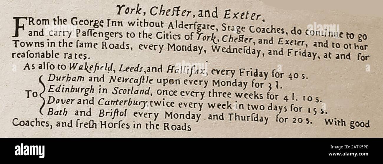 1658 advertisement from 'Mercurius Politicus' for  the York, Chester & Exeter coach, Wakefield, Leeds & Halifax coach,Durham & Newcastle coach, Edinburgh in Scotland coach,Dover and Canterbury Coach and the Bath & Bristol Coach (from George Inn, without Aldergate) Stock Photo