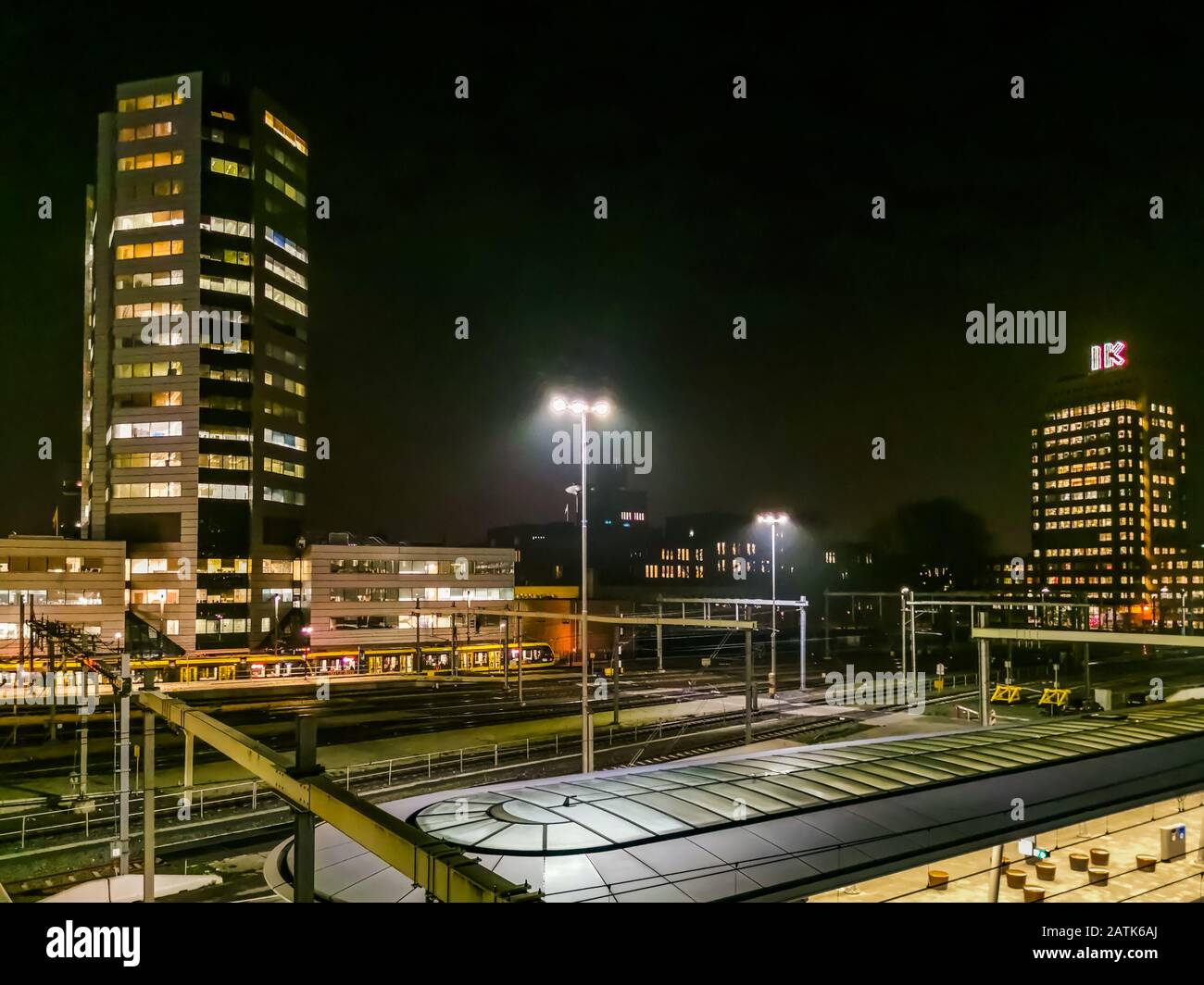 lighted night scenery at utrecht central station, popular city architecture, Utrecht, The Netherlands, 23 january, 2020 Stock Photo