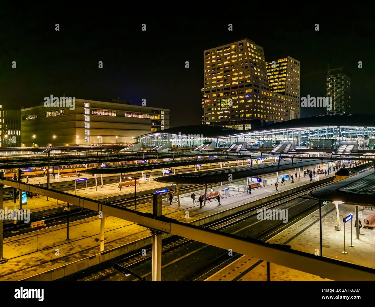 lighted night scenery of Utrecht central station, popular city architecture, Utrecht, The Netherlands, 23 january, 2020 Stock Photo