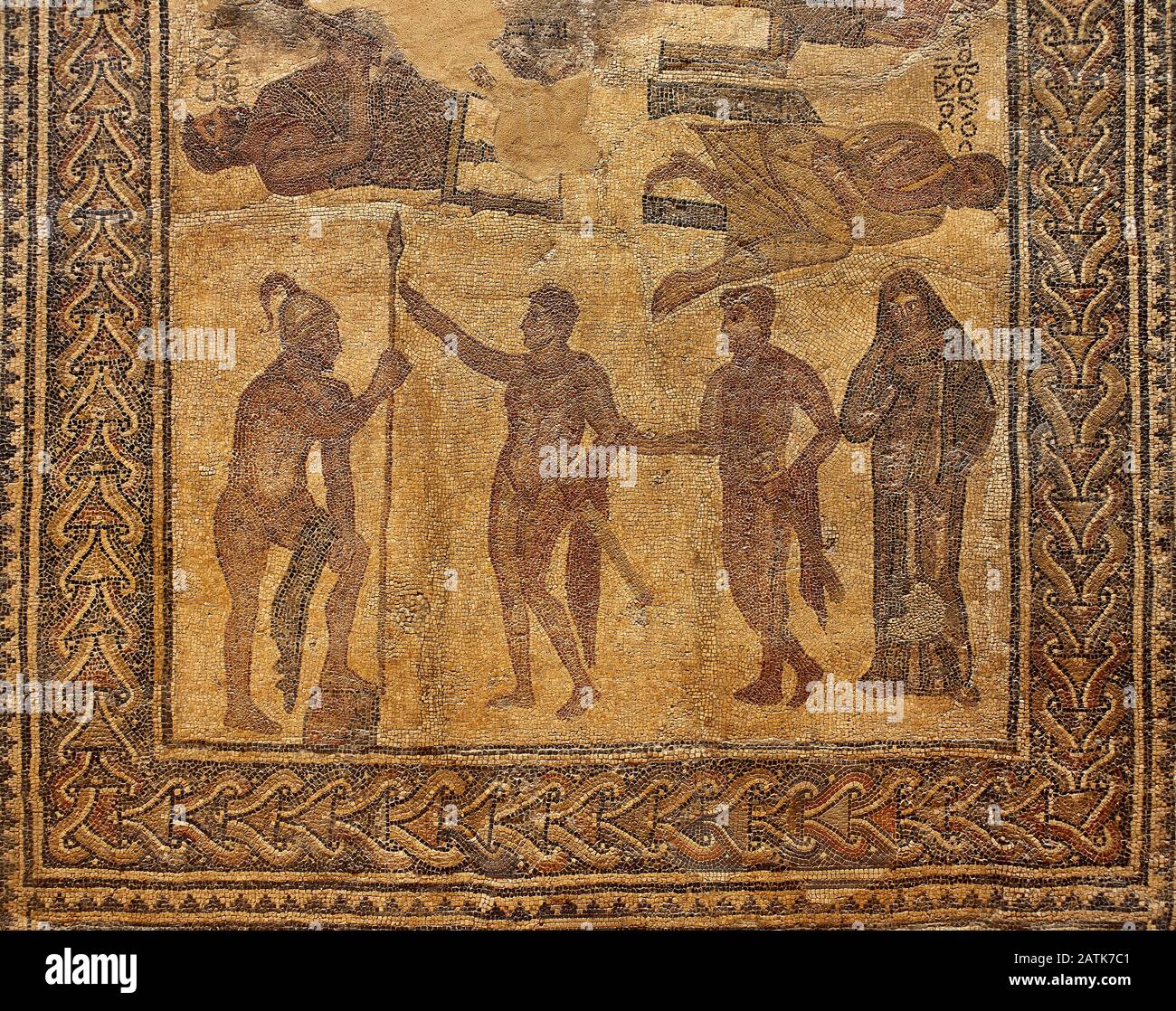 Mosaic of the Seven Sages. 4th century AD. It depicts a chapter of The Iliad. Briseis is returned to Achilles after being abducted by Agamemnon. Detail. National Museum of Roman Art. Merida. Extremadura. Spain. Stock Photo